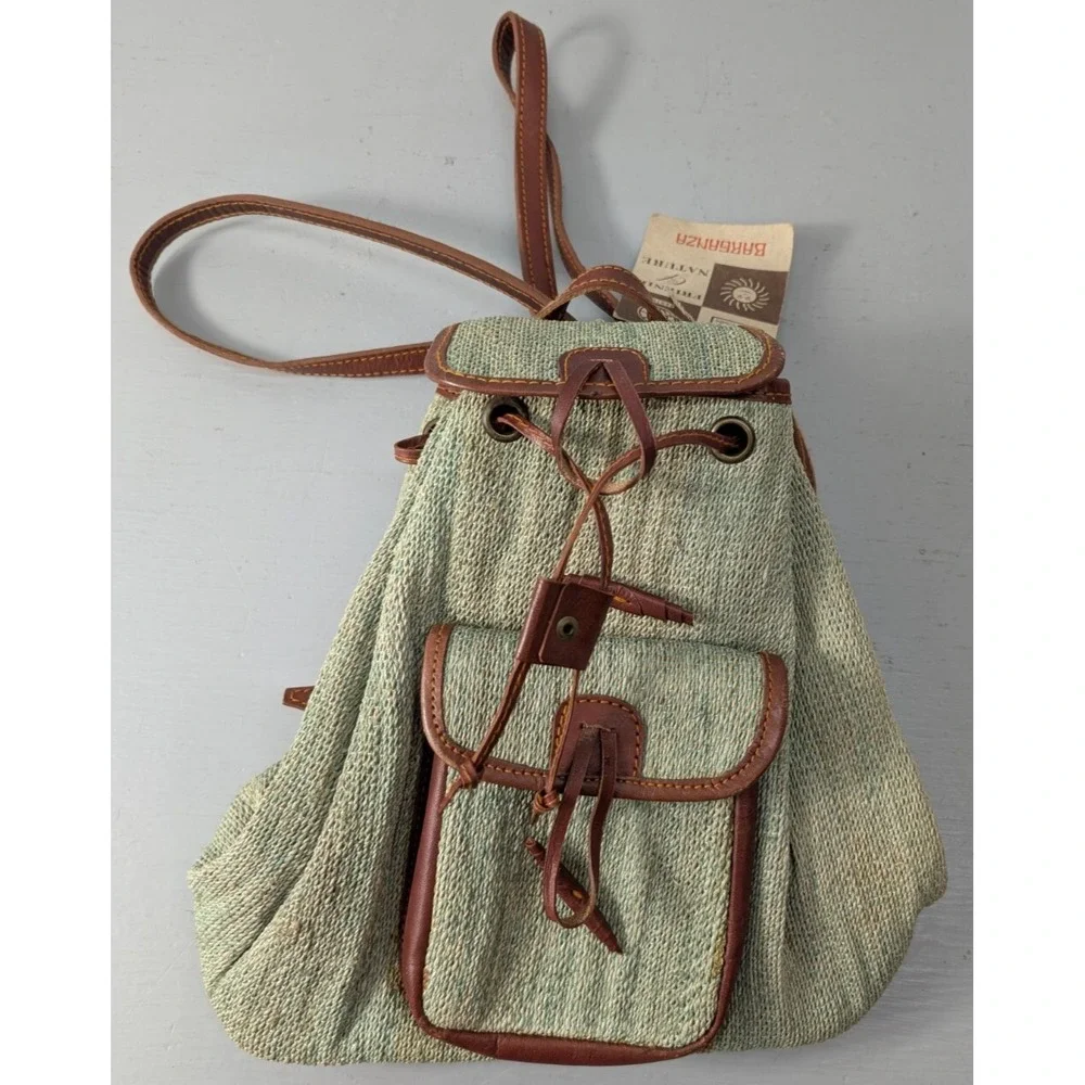 Barganza Backpack Green‎ Woven Fabric Leather Trim tylish Designer Bag NWT